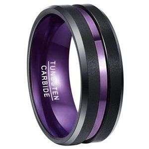 Men's Wedding Tungsten Band (8mm). Black Matte Tungsten Ring w/ Purple Inlay.